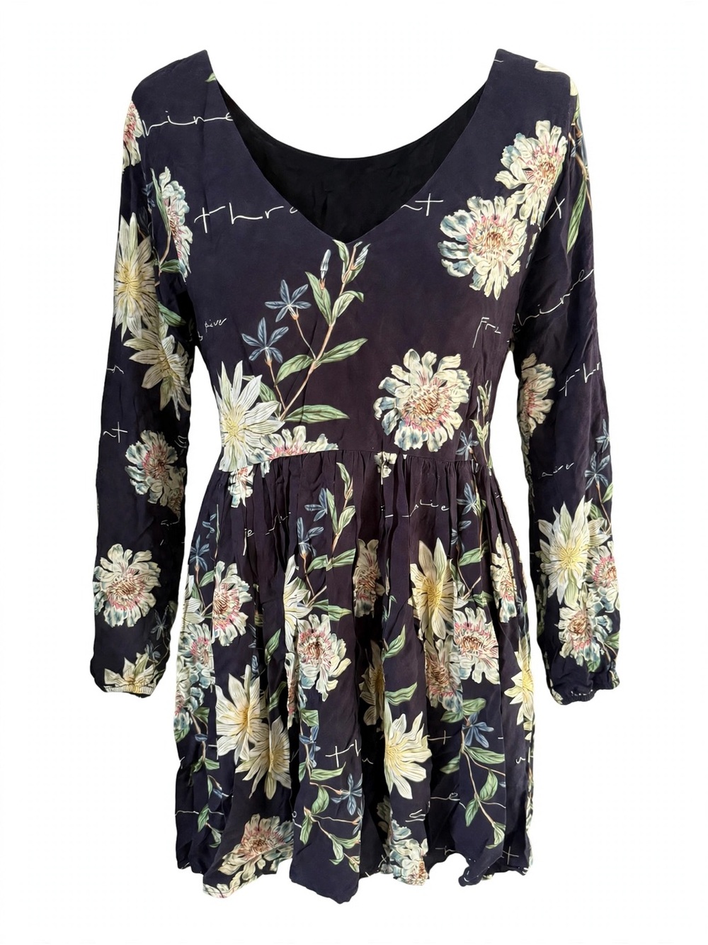 V-Neck Floral Tunic Dress - Black with Cream & Green Floral